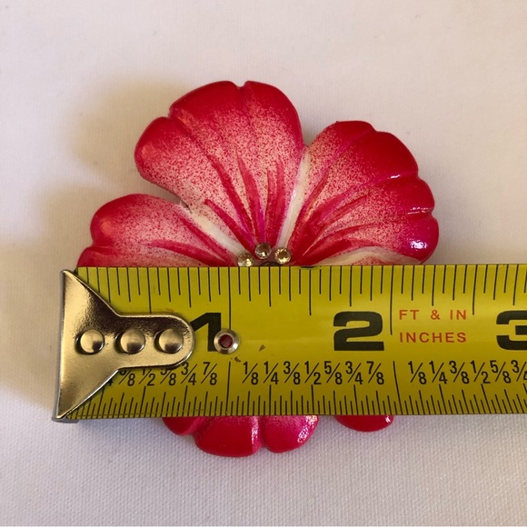 Fuchsia Red / Hot Pink Hibiscus Flower Pin with Rhinestones - Picture 8 of 8